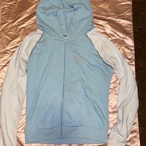 PINK zip up, light baby blue n white.